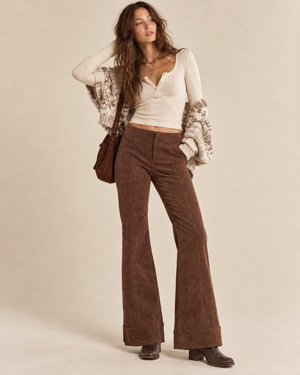 NWT Free People Glow Up Vegan Suede Flare Pants Brown Size 6